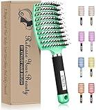 KTKUDY Detangling Brush Boar Bristles Hairbrush Make Hair Shiny & Healthier Curved and Vented Detangler Brush for Women Men Kids Wet & Dry Hair (Light green)