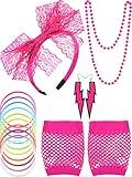 Blulu 80s Accessories Women Lace Headband Earrings Fishnet Gloves Necklace Bracelet for 80s Retro Party Halloween(Rose Red)
