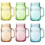 Amzcku Vintage Colored Drinking Glass Mason Jar 16 OZ with Comfortable Handle for Party Beverages 6 pcs