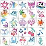 CHARLENT Glitter Temporary Tattoos for Aloha Party Decoration - 74 Individually Sheets Glitter Summer Tattoos for Kids Women Hawaiian Party Favors