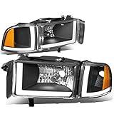 DNA MOTORING HL-LB2-DR944-BK-AM Black Amber Headlights With Pair LED Day Running Lights Replacement For 94-02 Ram