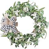 Artificial Eucalyptus Wreath for Front Door|20" Green Leaf Wreath for Window Home Porch Farmhouse Patio and Garden Indoor Outdoor Decor with Bow for Spring Summer Fall Winter