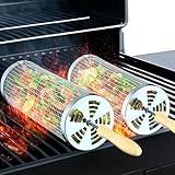 Rolling Grill Basket(2PCS), Removable Wooden Handle, 304 Stainless Steel, Grilling Accessories Tools for Vegetables Meat Food, Outdoor Camping Grilling, Birthday Gifts for Men Husband Men