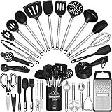 Kitchen Utensils Set-Umite Chef 34 Pcs Silicone Cooking Utensils Set for Nonstick Cookware-Silicone Spatulas Set, Stainless Steel Handle-Black Kitchen Gadgets Tools, Pots and Pans Accessories