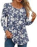 Anyhold Women's Fall Long Sleeve Tunic Tops Dressy Casual Shirts Crew Neck T-Shirt Pleated Business Blouses 2X-Large, White Little Flower