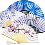 Zonon 4 Pack Handheld Floral Folding Fans Hand Held Fans Silk Bamboo Fans with Tassel Women Hollowed Hand Foldable Fan with Fabric Sleeve for Dancing Wedding Decoration Gifts(Adorable)