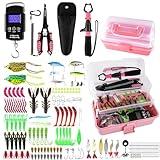 3-Layer Pink Fishing Tackle Box with Tackle Included, Fishing Gear Kit Includes Pliers Fish Lip Gripper Scale Crankbait Spinnerbaits Soft Baits Hooks, Ideal Gift for Angler Saltwater Freshwater