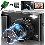 4K Digital Camera for Photography, 48MP Auto-Focus Vlogging Camera for YouTube with SD Card, 16X Digital Zoom Compact Camera with 3" 180° Flip Screen/Anti Shake/Flash, 2 Batteries & Battery Charger