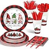 THAWAY Christmas Plates Set Christmas Dinner Tableware Set Disposable 168Pcs Christmas Party Supplies for 24 Guests Buffalo Plaid Christmas Paper Plates Napkins Cups Plastic Forks Knives Spoons Set