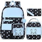 InduSKY Girls Backpack, Cute Cat School Backpacks for Girls with Insulated Lunch Box Pen Case Set, Kids Backpack Kindergarten Elementary Middle School Book Bag for Teen Girl Children Students