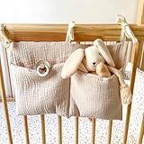 YeeMan Cotton Baby Bedside Hanging Storage Bag,2 Pockets Organizer for Baby Cribs and Toys (Oatmeal)