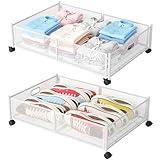 Under Bed Storage with Wheels, Foldable Metal Mesh Underbed Storage Container Bins, Tool-free Assembly Clothes Drawer Organizer, 2Pack