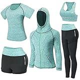 Nesyd Workout Sets for Women 5 Piece Yoga Exercise Fitness Gym Outfits Sport Running Athletic Clothing Set Tracksuits Sportwear Activewear (Green, L)