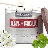 Essential Elements by Candle-lite Scented Candles, Jasmine & Patchouli Fragrance, One 14.75 oz. Three-Wick Aromatherapy Candle with 45 Hours of Burn Time, Off-White Color