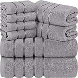 Utopia Towels 8-Piece Luxury Towel Set, 2 Bath Towels, 2 Hand Towels, and 4 Wash Cloths, 600 GSM Ring Spun Cotton Highly Absorbent Viscose Stripe Towels Ideal for Everyday use (Cool Grey)