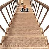 PADOOR Non Slip Stair-Treads,Rubber Backing Stair-Runners for Wooden Steps,15PCS Residue Free Carpet Stair Treads for Kids and Dogs 8"x30" Beige