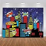 Mocsicka Superhero City Backdrop Kids Boys Birthday Banner Urban Night Glitter Sky Stars Boom City Buildings Background Bang Boom Skyscraper Children Portrait Photo Studio Props (7x5ft)