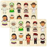 2 Set Wooden Puzzle for Toddlers 1-3 Children of The World Racial Cognition Dress up Peg Multicultural Learning Interchangeable Preschool Learning for Boys Girls