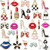 Jetec 50 Pieces Enamel Charms for Bracelet Jewelry Making Women Makeup Earrings Lipstick Craft Pendant High Heel Designer Charms Mixed Gold Plated Wallet Flower Bow Charms for DIY Necklace