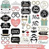 Fully Assembled Wedding Photo Booth Props - Set of 40 - Gold, Pink, Teal, & Silver Selfie Signs - Wedding Party Supplies & Decorations - Cute Designs with Real Glitter - Did We Mention No DIY