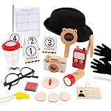 Spy Kit for Kids Detective Outfit Fingerprint Toys for 5 6 7 8 9 10 Year Old with Hat,Wooden Magnifying Glass and Detective Tools,Secret Agent Investigation Science Set,Spy Costumes for Kids 8-12