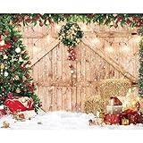 Christmas Backdrop 10x8ft Soft Fabric Rustic Barn Wood Door Backdrop for Photography Xmas Tree Snow Wall Floor Party Photo Background Family Banner Decorations Studio Prop Pictures