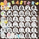 JULBEAR Easter Cookie Stencils, 36Pcs Reusable Eggs Bunny Cookie Coffee Stencils Templates Mold Tools for Cookies Baking Painting Dessert Coffee Decoration Easter Party Supplies