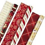 Hallmark Christmas Wrapping Paper Rolls - Traditional Holiday Gift Wrap Paper (Set of 3 Reversible Rolls: 120 sq. ft. ttl.) Red and Gold Snowflakes, Stripes, Plaid, Santa's Sleigh