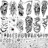 61 Sheets Halloween Temporary Tattoos for Men Women Adults, 12 Sheets Skeleton Death Skull Demon Devil Half Arm Sleeve Fake Tattoo Stickers, 49 Sheets Spider Web Bat Snake Vampire Scar Face Tattoos