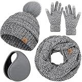 Winter Hat Scarf Gloves and Ear Warmer, Warm Knit Beanie Hat Touch Screen Gloves Set Winter Gifts Neck Scarves for Women