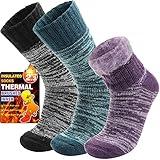 Welwoos Heated Thermal Socks for Women & Men Winter Warm Ski Thick Boot Insulated Gift Socks Stocking Stuffers for Women 3 Pairs (Purple & Blue & Grey B,M)