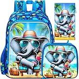 HPJGD 3PCS Boys Elephant Bookbag, Water Resistant Kids Backpack Set with Lunch Box, Cute School Bag for Preschool Toddler