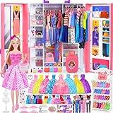 Doll Closet Playset with Doll, 342 Pcs Clothes and Accessories, Princess Dresses Top Pants Swimsuits Wardrobe Shoes Hangers and Other Accessories, Doll Dress up toys for Girls Toddlers Gift Toys