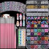 FANDAMEI Nail Art Brushes, Nail Art Kit with 15 Pcs Nail Art Brush, 5 Pcs Dotting Tools, 6 Box Nail Charms and Gems, 10 Sheet Flower Nail Stickers, Complete Nail Decoration Art with Nail Art Brushes