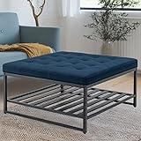 BARNUT Ottoman Coffee Tables, 36" Square Upholstered Tufted Linen Coffee Table with Metal Shelf for Living Room, Performance Fabric in Navy