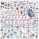 Konsait Glitter Temporary Tattoo for Girls, 24 Sheets Butterfly Mermaid Fairy Flowers Tattoo Stickers for Kids, Waterproof Fake Tattoos for Birthday Party Favors Goodie Bags Stuffers Party Fillers