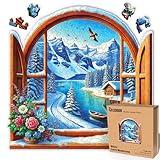 LEOGOR Large Wooden Jigsaw Puzzles for Adults with Whimsical Pieces – 350 Piece Colorful Snowy Winter Puzzle with Unique Animal-Shaped and Christmas-Inspired Shapes – Beautiful Mosaic, 14.2'' x 14''