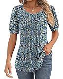 Ficerd Women's Puff Short Sleeve Tunic Tops Pleated Crew Neck Summer Blouses Dressy Casual Loose T Shirts(Blue Flower, XL)