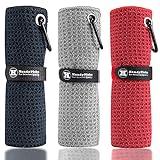 Handy Picks Microfiber Golf Towel (16" X 16") with Carabiner Clip, Waffle Pattern Hook and Loop Fastener - The Convenient Golf Cleaning Towel Black/Grey/Red