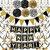 Happy New Year Set Black Banner with Gold Black Paper Flag Bunting Swirl Streamers & Pom Poms for Happy New Year Party Decorations