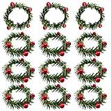 Saktopdeco Christmas Napkin Rings Christmas Napkin Holder Holly Berry Candle Wreath for Banquet Table Decorations Set of 12