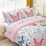 Jameswish Girls Butterfly Comforter Set Full Size 7 Piece Bed in A Bag Colorful Flowers Leaves Bedding Set for Kids Teens Super Soft All Season