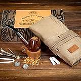 Whitluck's Tobacco Pipe with Waxed Canvas Pipe Roll, Handmade Wood Smoking Pipe with Ultimate Beginner Guide E-Book, Travel Tobacco Pouch - Smoking Gift Set and Accessories