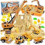 Toylink Construction Sandbox Toys Kids Play Sand Kit, 3.1lbs Sand & Large Tower Crane & 5 Trucks & 13 Signs & 14 Molds, Beach Building Castle Table Sensory Bin Toy for Toddler Boy 3-8 Years Old