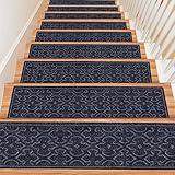 15Pcs Stair Treads for Wooden Steps Indoor with Self Adhesive, 8"x30" Non Slip Stair Runners-Peel & Stick Indoor Stair Carpet Runner, Resistant Indoor Runner for Kids、Elders and Pets, Black