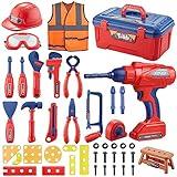 Kids Tool Set, MAGIC4U 49PCS Toddler Tool Set with Electronic Toy Drill,Tape Measure 12 Tool Equipment,Pretend Play Construction Costume with Safety Vest Hat,Toy Tool Box for Kids Boy Girl Age 3-8