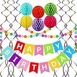 Happy Birthday Banner, Rainbow Birthday Banner, 6 Honeycomb Balls, 8 Metallic Hanging Swirls and Circle Parper Garland, Happy Birthday Decorations