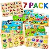7 Pack Wooden Puzzles for Toddlers 2 3 4 5 Years Old - 7 Colorful Chunky Wood Peg Puzzles for Kids Ages 2-5, Alphabet Shape Numbers Fruits Sea Animals Dinosaur Zoo - Educational Toddler Learning Toys