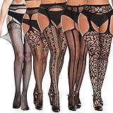 SOUTHRO 5 Pairs Black Thigh High Stockings Patterned Tights-Fishnet/Net,Garter Belts Set & Suspender Pantyhose for Women