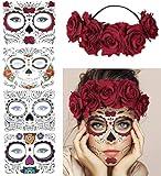 4 Kits Day of the Dead Sugar Skull Temporary Face Tattoo Makeup Tattoo for Men and Women with 1 Rose Red Flower Crown Headband for Halloween Costume